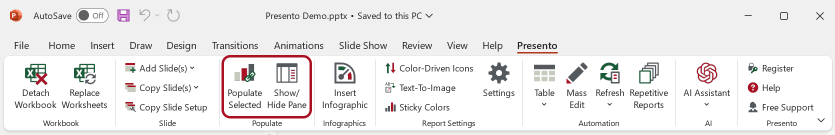Populate in the Presento Ribbon Tab